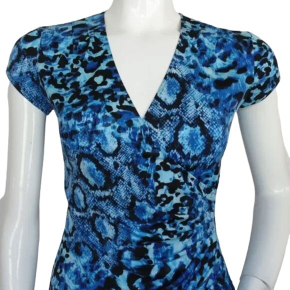 CACHE Dress, 0, Blue Snake print, Gathered hip, surplice V-neck, Cap sleeves - Picture 2 of 11